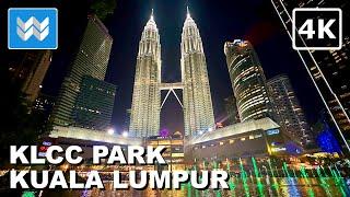 [4K] Petronas Twin Towers KLCC Park Water Fountain Show Kuala Lumpur Malaysia  Night Walking Tour