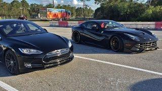 Tesla Model S P85D vs Ferrari F12 1/4 Mile Drag Racing with Brooks Weisblat