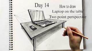 How to draw a laptop on the table in a two point perspective| Day 14 perspective Drawing