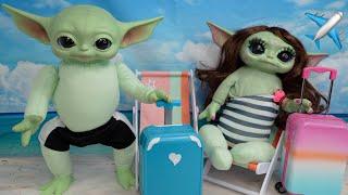 Baby Yoda Grogu Packing Suitcase for vacation