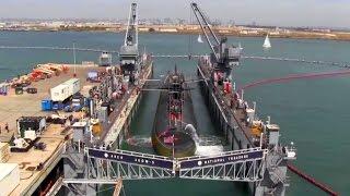 Nuclear Submarine Dry Docks Inside Floating Dry Dock - Time-lapse Video