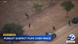 Suspect front flips over fence during end of high-speed chase in Texas