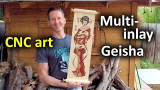CNC multi-inlays with a V-prism technique - Carving a geisha scroll with the Shapeoko