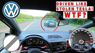 2021 VW up! GTI Topspeed Fight Against Crazy Tesla (Emergency Brake!) On German Autobahn 216 km/h!!!