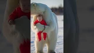 Unlikely Friendship: Baby & Polar Bear ️"#AnimalFriends #PolarBearCare #CutenessOverload