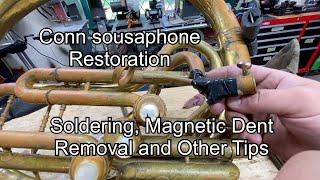 Conn Sousaphone Restoration- soldering, Magnetic Dent tools and other tips- band instrument repair