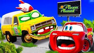 Big & Small:McQueen and Mater VS Pizza Planet Truck zombie Slime apocalypse cars in BeamNG.drive