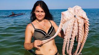 Gentle cooking of an octopus on the shore performed by a culinary beauty! Relaxing Videos
