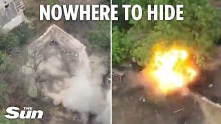 Moment Ukrainian drones rain fire on Russian troops in mission to clear enemy hideouts