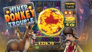  MEGA BIG WIN in Miner Donkey Trouble Free Spins Bonus (Play'n GO)