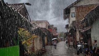 Heavy Rain In Quiet Indonesia Village | Walking In The Rain | Fall asleep to the sound of rain