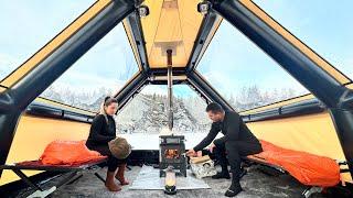 SNOW CAMP BY THE FROZEN LAKE | WE BROKE THE FROZEN LAKE