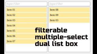 Create filterable multiple-select function through 2 List-Boxes with drag and drop using Jquery