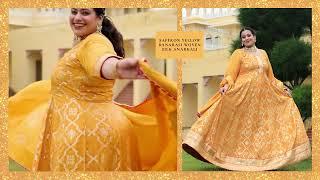 SAFFRON YELLOW BANARASI WOVEN SILK ANARKALI | Plus Size Anarkali Dress.