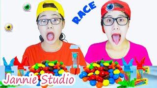 ASMR CANDY RACE WITH GATOR CHOMP (GUMMY EYEBALLS, WAX BOTTLES, MARSHMALLOW, CHIPS) | Jannie Studio