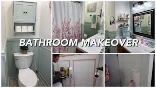 Small Bathroom Makeover on a Budget | Adding Chair rail molding | Updating vanity with Contact paper