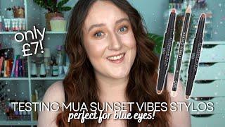 THE *BEST* MAKEUP FOR BLUE EYES! Testing MUA Cosmetics Sunset Vibes Stylo Set Swatches And Review!