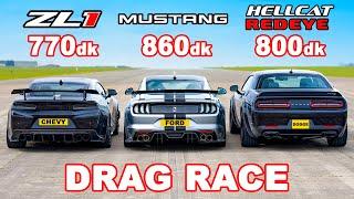 Ford Mustang v Chevy Camaro v Dodge Hellcat Redeye: DRAG RACE