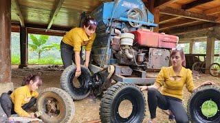 The genius girl repairs and maintains the threshing machine.