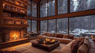 Stress Relief with Softly Winter Jazz Instrumental Music  Warm Cabin Ambience with Fireplace Sounds