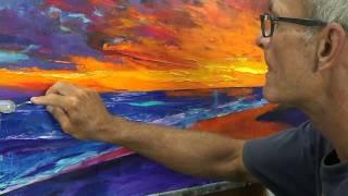 Palette knife painting- artist Michael Pintar. Sunset beach scene