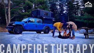 STEAK on the CAMPFIRE | ASMR Father & Son Relaxing Snow Camping in DIY Camper