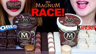 ASMR RACE! MILK + WHITE CHOCOLATE MAGNUM ICE CREAM PINTS, KINDER BUENO, MACARON, OREO CHOCO WAFERS먹방