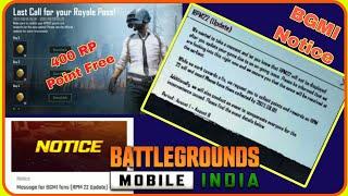 BGMI New Notice // BGMI Royal Pass Update M22 end // bgmi new event Free character Vaucher