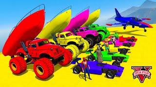 Colored Spiderman & Super Heroes driving Super Cars & Big Trucks in long race track