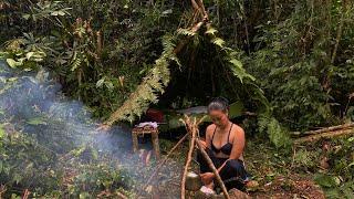 Survival Alone In The Rainforest Day 1: Buiding a Tarp Shelter, Woman found fish | An's Bushcraft #6