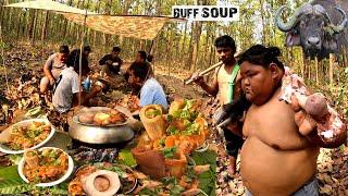 Nepali Style Buff Bone Marrow MUKBANG !Buffalo Leg Soup Cooking & Eating in Jungle !Bhaise ko Khutta