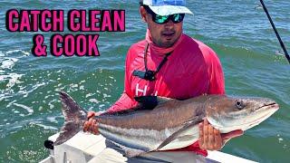 CATCH CLEAN AND COOK COBIA! HOW TO COOK COBIA in THE EAST COAST! COBIA STEAKS CATCH and COOK FISHING