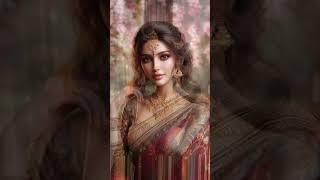 "Elegant in saree, adorned in gold, she stands serene among flowers, radiating timeless beauty"