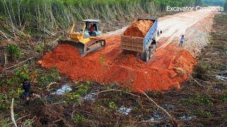 Part 7 Excellent Bulldozer Continuing The Job Construction Plantation Road - Dump Truck Pouring Soil