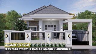 DESAIN RUMAH 9X14 METER 3 KAMAR TIDUR 3 KAMAR MANDI PLUS MUSHOLA