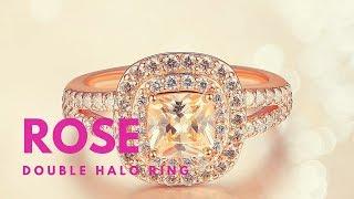 14k Rose Gold Plated Sterling Silver Champagne Cubic Zirconia Cushion Cut 6mm Double Halo Ring