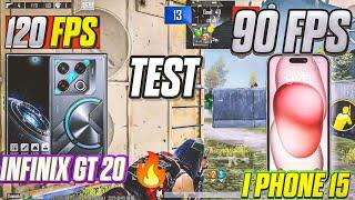 I PHONE 15 PRO MAX & INFINIX GT 20 PRO  FPS TEST || 120 FPS 90 FPS TEST BGMI HEATING TEST