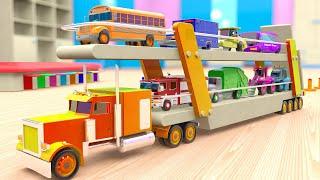 Learning Colors with Toy Street Vehicles with Car Transport Truck for Kids, 3D Vehicles