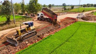 Great Action!! Best Processing For Road Base Using Big Dozer & Truck Dumping Soil To Preparing Base