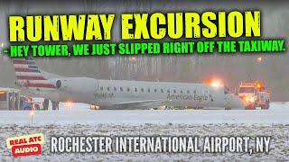 American Eagle E145 SLIDES OFF SNOWY RUNWAY in New York [ATC Audio]