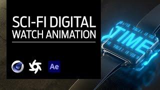 Cinema 4d - Digital Watch with sci-fi floating display, using video as a Mograph shader.