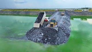 Excellent SHANTUI Push Rock Making A New Road In lake With Truck Delivery Rock