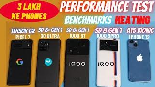 iPhone 13 vs Google Pixel 7 vs Moto Edge 30 Ultra vs iQOO 9T vs 9 Pro | 8+ Gen 1 vs Tensor G2 vs A15