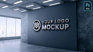 3D office wall logo mockup with dark gray wall tutorial in adobe photoshop