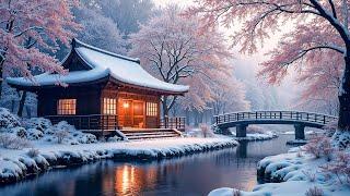 Winter's Harmony: Snowy Cherry Blossoms and the Peaceful Wooden Retreat ️