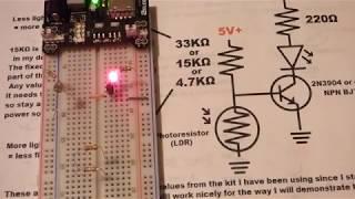 Adjusting sensitivity of photoresistor light dependent resistor 2N3904 NPN BJT circuit electronzap