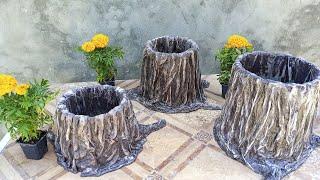 Кашпо пенёк из старого ведра и ненужных вещей | DIY flower pot