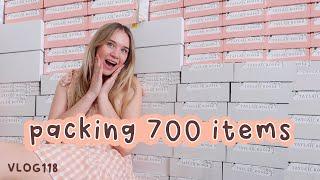packing over 700 items for the BFCM shopify and etsy sale packaging scrunchies, bows, claws VLOG118