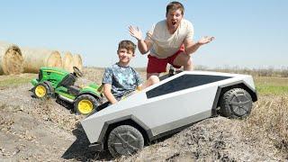 Hudson Plays with a Kids Cybertruck on the Farm