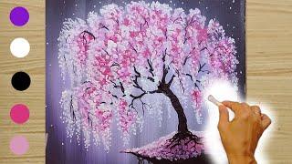 Bright Cherry Blossom Tree/ How to Paint whit Cotton Swab / Acrylic Painting Landscape for train